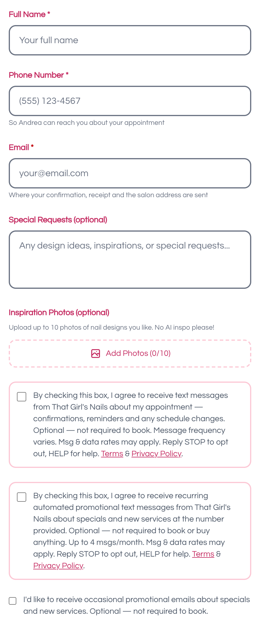 The Your Details step of the That Girl's Nails booking form, showing the phone field and two unchecked, optional text-message consent checkboxes (appointment texts and promotional texts) followed by an unchecked promotional email checkbox.